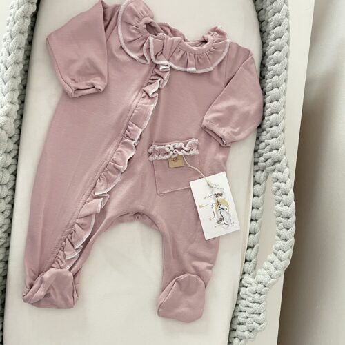 Tutina in bamboo rosa sporco con le balze 0/3m